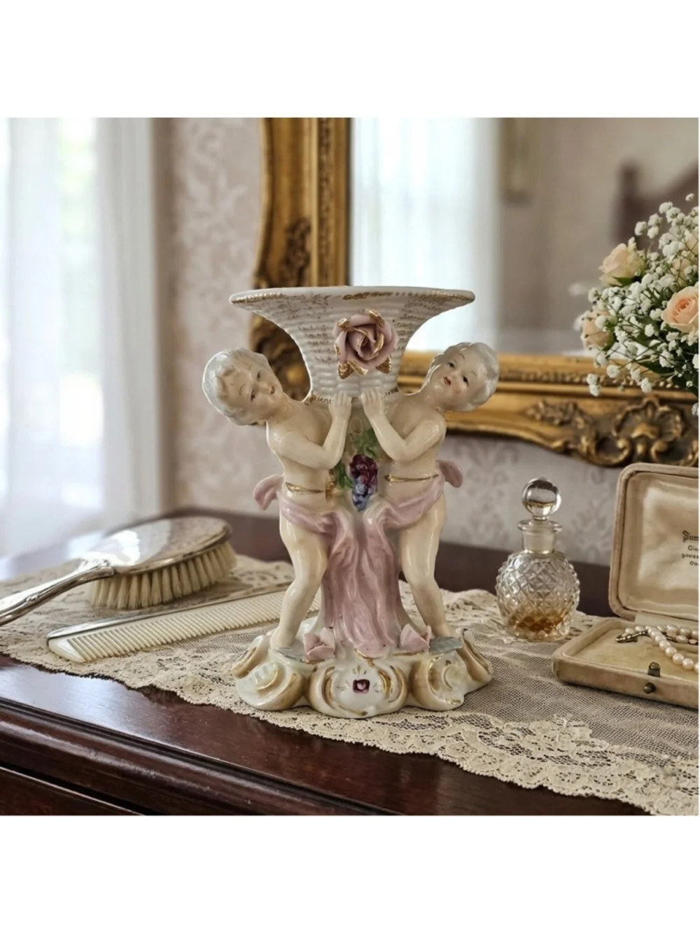 Porcelain Double Cherub Figural Vase Basketweave Grapes & Rose Gilt 6.25
